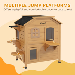 PawHut Wooden Cat House Condos Cat Cave Pet Shelter 2 Floor Villa Outdoor Furniture Natural Wood Finish - Aosom UK - thumbnail 7