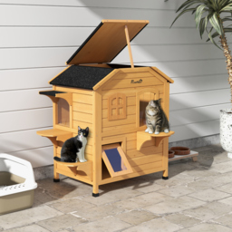 PawHut Wooden Cat House Condos Cat Cave Pet Shelter 2 Floor Villa Outdoor Furniture Natural Wood Finish - Aosom UK - thumbnail 2