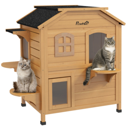 PawHut Wooden Cat House Condos Cat Cave Pet Shelter 2 Floor Villa Outdoor Furniture Natural Wood Finish - Aosom UK - thumbnail 8