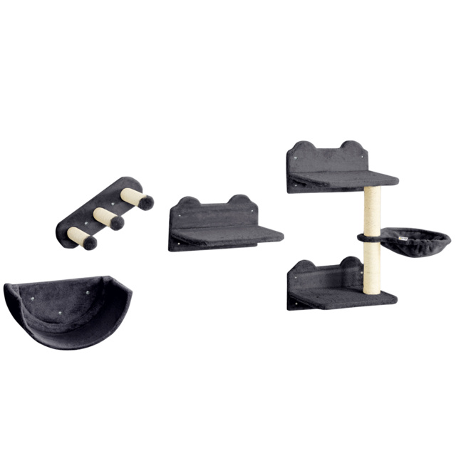 PawHut 4PCs Wall-Mounted Cat Shelves w/ Scratching Post, Hammock, Nest - Dark Grey - Aosom UK - image 1