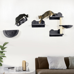 PawHut 4PCs Wall-Mounted Cat Shelves w/ Scratching Post, Hammock, Nest - Dark Grey - Aosom UK - thumbnail 2