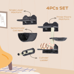 PawHut 4PCs Wall-Mounted Cat Shelves w/ Scratching Post, Hammock, Nest - Dark Grey - Aosom UK - thumbnail 5