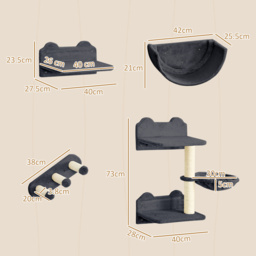 PawHut 4PCs Wall-Mounted Cat Shelves w/ Scratching Post, Hammock, Nest - Dark Grey - Aosom UK - thumbnail 3