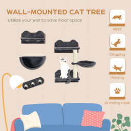PawHut 4PCs Wall-Mounted Cat Shelves w/ Scratching Post, Hammock, Nest - Dark Grey - Aosom UK - thumbnail 4