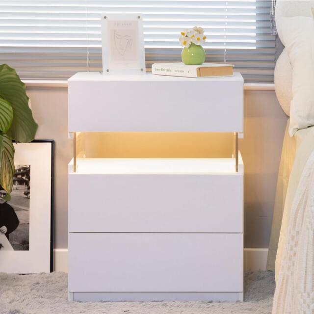 LED Bedside Table with Remote-Controlled RGB Lighting, 3 Drawers, Modern Nightstand with Acrylic Board, 50L x 37.5W x 60H cm, White - Aosom.UK - image 1