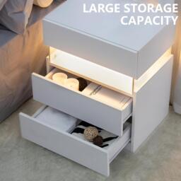 LED Bedside Table with Remote-Controlled RGB Lighting, 3 Drawers, Modern Nightstand with Acrylic Board, 50L x 37.5W x 60H cm, White - Aosom.UK - thumbnail 4
