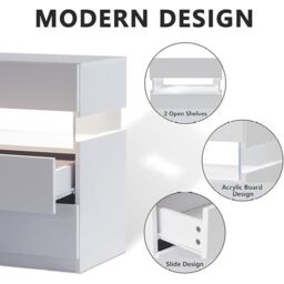 LED Bedside Table with Remote-Controlled RGB Lighting, 3 Drawers, Modern Nightstand with Acrylic Board, 50L x 37.5W x 60H cm, White - Aosom.UK - thumbnail 5