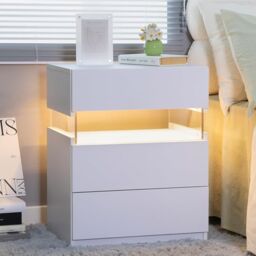 LED Bedside Table with Remote-Controlled RGB Lighting, 3 Drawers, Modern Nightstand with Acrylic Board, 50L x 37.5W x 60H cm, White - Aosom.UK - thumbnail 7