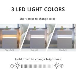 LED Bedside Table with Remote-Controlled RGB Lighting, 3 Drawers, Modern Nightstand with Acrylic Board, 50L x 37.5W x 60H cm, White - Aosom.UK - thumbnail 6