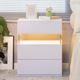 LED Bedside Table with Remote-Controlled RGB Lighting, 3 Drawers, Modern Nightstand with Acrylic Board, 50L x 37.5W x 60H cm, White - Aosom.UK