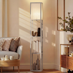 HOMCOM Floor Lamp with Shelves, 3-Tier Floor Standing Lamp, Reading Standing Lamp for Living Room, Bedroom, Office, Dorm, Oak - Aosom UK - thumbnail 2