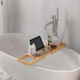 HOMCOM Extendable Bamboo Bathtub Shelf Rack Bath Caddy Tray Bathroom Storage 75-109Lx23.5Wx4T cm - thumbnail 6