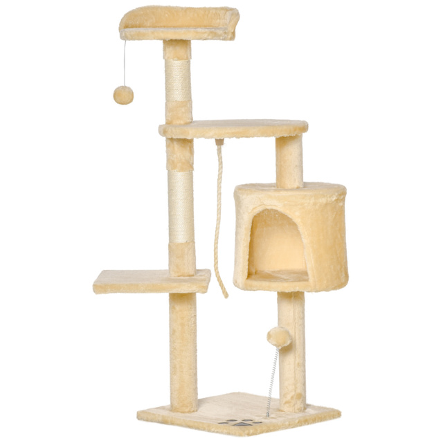 PawHut Cat Tree House, Multi-Level Activity Centre with Scratching Posts, 114 cm High, Beige - image 1