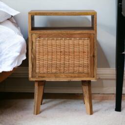 Solid Wood Bedside Cabinet, Mini Nightstand with Knitted Fabric Door & Open Slot, Cotton-Blend, Brown - Aosom UK - thumbnail 1