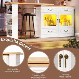 360° Rotating Kitchen Island with App-Controlled LED Lights and Music Sync, Extendable Bar Table with 4 Drawers, 135L x 39W x 93H cm, White - Aosom UK - thumbnail 4