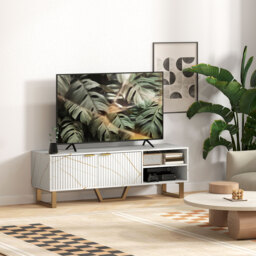 "HOMCOM Marble Effect TV Unit, TV Stand Cabinet for up to 70"" TVs, Modern TV Cabinet with Shelves and Storage Cupboard, Fluted Door, Extra Centre Leg, Cable Management for Living Room, White" - thumbnail 8