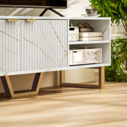 "HOMCOM Marble Effect TV Unit, TV Stand Cabinet for up to 70"" TVs, Modern TV Cabinet with Shelves and Storage Cupboard, Fluted Door, Extra Centre Leg, Cable Management for Living Room, White" - thumbnail 9