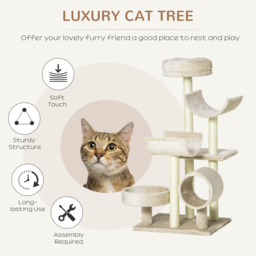 PawHut Cat Tree, Plush, 50Lx40Wx105H cm-Beige - Aosom UK - thumbnail 4