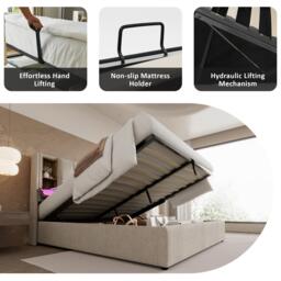 Upholstered Double Bed with Wireless Charging, Open Compartments, Double Bed Frame with Hydraulic Storage, 206L x 155W x 100.5H cm, Natural - Aosom UK - thumbnail 6