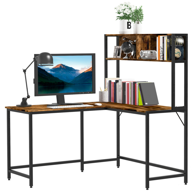 HOMCOM Industrial L-Shaped Work Desk & Storage Shelf Steel Frame Adjustable Feet Corner Workstation Home Office Study Stylish Brown Black - Aosom UK - image 1