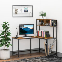 HOMCOM Industrial L-Shaped Work Desk & Storage Shelf Steel Frame Adjustable Feet Corner Workstation Home Office Study Stylish Brown Black - Aosom UK - thumbnail 2