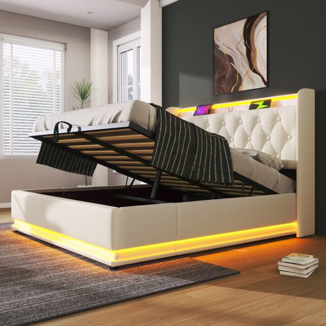 Upholstered Double Ottoman Bed with LED Light, USB Charging Port, Hydraulic Storage Bed Frame for Bedroom, 206L x 148W x 104H cm, White - Aosom UK - image 1