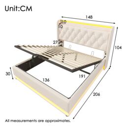 Upholstered Double Ottoman Bed with LED Light, USB Charging Port, Hydraulic Storage Bed Frame for Bedroom, 206L x 148W x 104H cm, White - Aosom UK - thumbnail 3