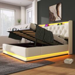 Upholstered Double Ottoman Bed with LED Light, USB Charging Port, Hydraulic Storage Bed Frame for Bedroom, 206L x 148W x 104H cm, White - Aosom UK