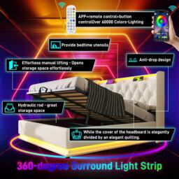 Upholstered Double Ottoman Bed with LED Light, USB Charging Port, Hydraulic Storage Bed Frame for Bedroom, 206L x 148W x 104H cm, White - Aosom UK - thumbnail 8