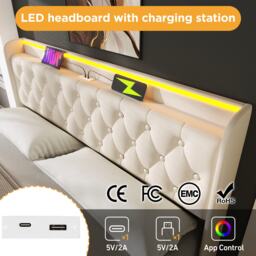 Upholstered Double Ottoman Bed with LED Light, USB Charging Port, Hydraulic Storage Bed Frame for Bedroom, 206L x 148W x 104H cm, White - Aosom UK - thumbnail 6