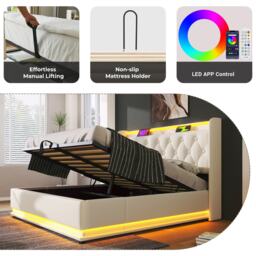 Upholstered Double Ottoman Bed with LED Light, USB Charging Port, Hydraulic Storage Bed Frame for Bedroom, 206L x 148W x 104H cm, White - Aosom UK - thumbnail 9