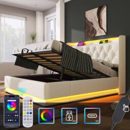 Upholstered Double Ottoman Bed with LED Light, USB Charging Port, Hydraulic Storage Bed Frame for Bedroom, 206L x 148W x 104H cm, White - Aosom UK - thumbnail 5