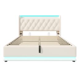 Upholstered Double Ottoman Bed with LED Light, USB Charging Port, Hydraulic Storage Bed Frame for Bedroom, 206L x 148W x 104H cm, White - Aosom UK - thumbnail 2
