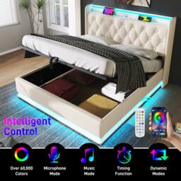 Upholstered Double Ottoman Bed with LED Light, USB Charging Port, Hydraulic Storage Bed Frame for Bedroom, 206L x 148W x 104H cm, White - Aosom UK - thumbnail 4