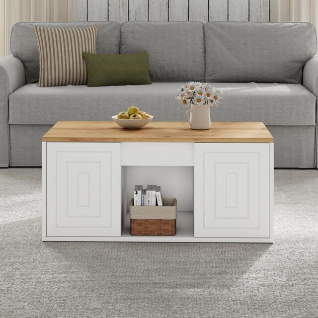 Height-Adjustable Coffee Table with Hydraulic Lift and Shelves, Minimalist Center Table with Rounded Corners, 95L x 46W x 45H cm, White - Aosom UK - image 1