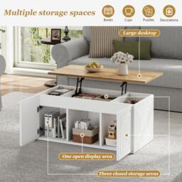 Height-Adjustable Coffee Table with Hydraulic Lift and Shelves, Minimalist Center Table with Rounded Corners, 95L x 46W x 45H cm, White - Aosom UK - thumbnail 4