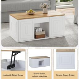 Height-Adjustable Coffee Table with Hydraulic Lift and Shelves, Minimalist Center Table with Rounded Corners, 95L x 46W x 45H cm, White - Aosom UK - thumbnail 6