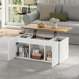 Height-Adjustable Coffee Table with Hydraulic Lift and Shelves, Minimalist Center Table with Rounded Corners, 95L x 46W x 45H cm, White - Aosom UK - thumbnail 8