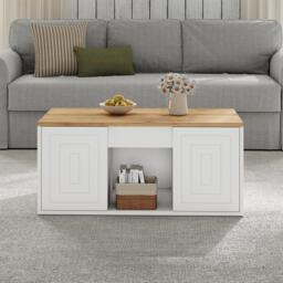 Height-Adjustable Coffee Table with Hydraulic Lift and Shelves, Minimalist Center Table with Rounded Corners, 95L x 46W x 45H cm, White - Aosom UK