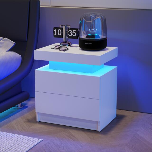 Multi-Functional LED Nightstand with Adjustable Lights, 2 Drawers, Modern Bedside Table for Bedroom, Living Room, 49L x 35W x 52H cm, White - Aosom.UK - image 1