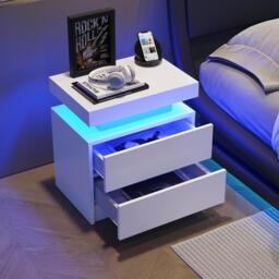 Multi-Functional LED Nightstand with Adjustable Lights, 2 Drawers, Modern Bedside Table for Bedroom, Living Room, 49L x 35W x 52H cm, White - Aosom.UK - thumbnail 6