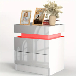 Multi-Functional LED Nightstand with Adjustable Lights, 2 Drawers, Modern Bedside Table for Bedroom, Living Room, 49L x 35W x 52H cm, White - Aosom.UK - thumbnail 8