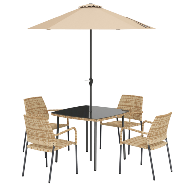 Outsunny 4 Seater Rattan Dining Set with Parasol, 6 Piece Garden Table and Stackable Chairs with Tempered Glass Tabletop - image 1