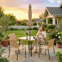 Outsunny 4 Seater Rattan Dining Set with Parasol, 6 Piece Garden Table and Stackable Chairs with Tempered Glass Tabletop - thumbnail 9