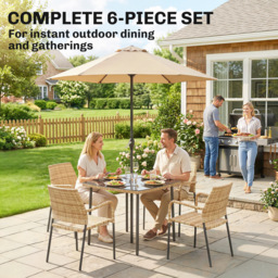 Outsunny 4 Seater Rattan Dining Set with Parasol, 6 Piece Garden Table and Stackable Chairs with Tempered Glass Tabletop - thumbnail 4