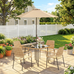 Outsunny 4 Seater Rattan Dining Set with Parasol, 6 Piece Garden Table and Stackable Chairs with Tempered Glass Tabletop - thumbnail 2