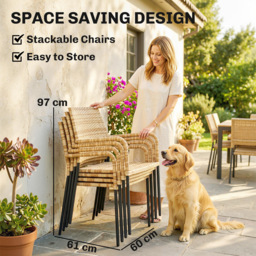 Outsunny 4 Seater Rattan Dining Set with Parasol, 6 Piece Garden Table and Stackable Chairs with Tempered Glass Tabletop - thumbnail 6