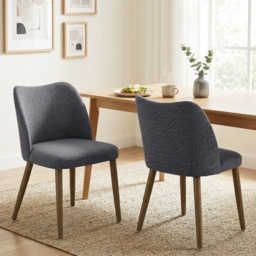 HOMCOM Dining Chairs Set of 2, Linen Upholstered Kitchen Chairs with Padded Seat, Curved Backrest, Rubberwood Legs, Dark Grey - thumbnail 2