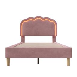 Upholstered Single Bed with LED Adjustable Headboard, Efficient Assembly, Velvet Bed Frame with Wooden Slats, 197L x 101W x 109H cm, Pink - Aosom UK - thumbnail 2
