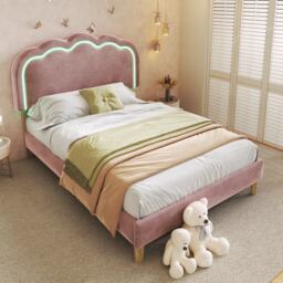 Upholstered Single Bed with LED Adjustable Headboard, Efficient Assembly, Velvet Bed Frame with Wooden Slats, 197L x 101W x 109H cm, Pink - Aosom UK - thumbnail 8